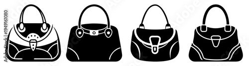 Set of four stylish black designer handbags vector illustration flat design isolated on white background