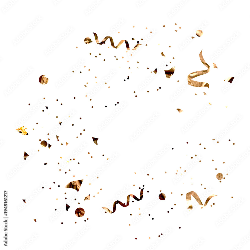 Fototapeta premium Golden confetti and streamers scattered on transparent background