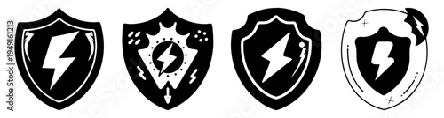 Four protective energy shields with lightning bolts vector illustration flat design scalable graphic
