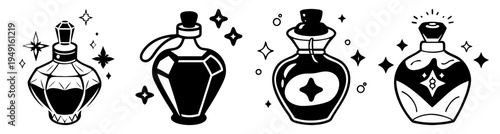 Elegant perfume bottles set with diamonds and musical notes luxury fragrance collection vector illustration