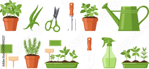 Plant Care and Gardening Tools Vector Set Featuring Pots, Watering Can, Scissors, Labels, and Planting Trays for Indoor Gardening and Herb Care