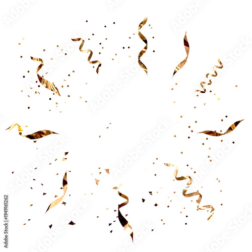 Scattered golden confetti and streamers isolated on a transparent background for celebration