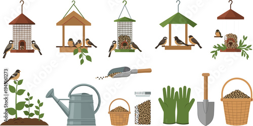 Bird Feeder and Gardening Tools Vector Set Featuring Birdhouses, Seed Containers, Watering Can, Gloves, and Gardening Tools for Outdoor Gardening and Bird Care