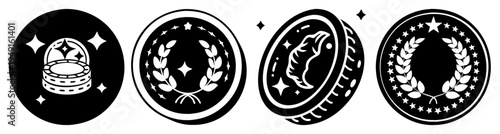 Set of four gold coin vector illustrations with icons for wealth, speed, growth and success flat design