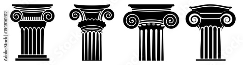 Set of four detailed Greek ionic columns vector illustration, classic architecture flat design elements, scalable art for logos and decor