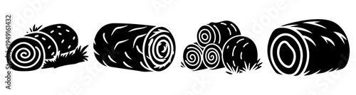 Set of five rolled hay bales in black and white flat design vector illustration isolated on white background
