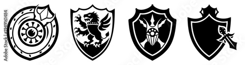 Set of four medieval heraldic shields with emblems vector illustration flat design