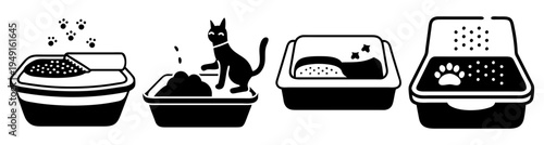 Cat using litter box sequence steps flat design vector illustration with food and water bowls