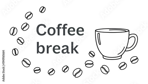 Coffee Break Essence: A simple yet inviting composition of a coffee cup alongside coffee beans forming a circular arrangement, evoking the essence of a tranquil break.