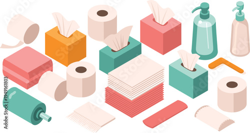 Bathroom hygiene cleaning supplies set, toilet paper tissue boxes soap dispensers wipes sanitary household essentials flat isometric vector illustration