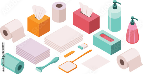 Bathroom hygiene supplies collection, toilet paper tissue box soap dispenser wipes cleaning tools sanitary household isometric vector illustration