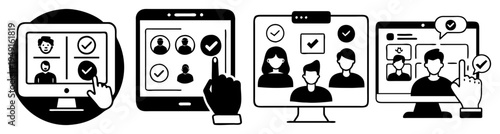 Online survey and voting concept with diverse people icons and checkmarks flat design vector illustration