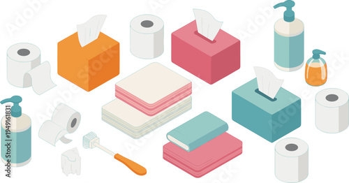 Bathroom hygiene supplies set, toilet paper tissue boxes soap dispensers wipes towels cleaning essentials flat isometric vector illustration