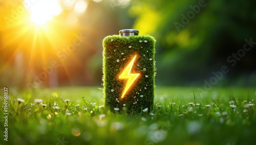 Green battery with a glowing lightning bolt symbol sitting in a field under bright sunlight.