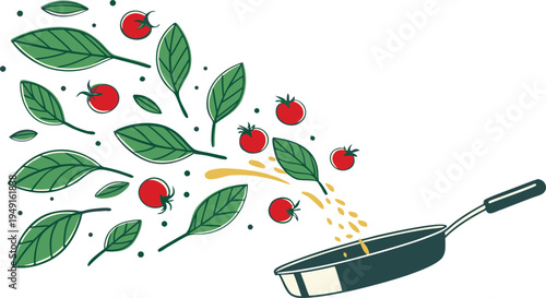 Dynamic vector illustration of fresh green spinach leaves and red cherry tomatoes flying into a dark frying pan with oil splashes, depicting healthy cooking and food preparation.