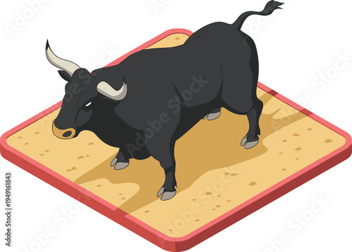 Black bull in arena, isometric bullfighting animal vector illustration showing powerful Spanish fighting bull standing in sandy ring platform