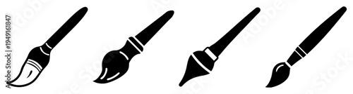 Set of four black paintbrushes with wooden handles flat design vector illustration isolated on white background