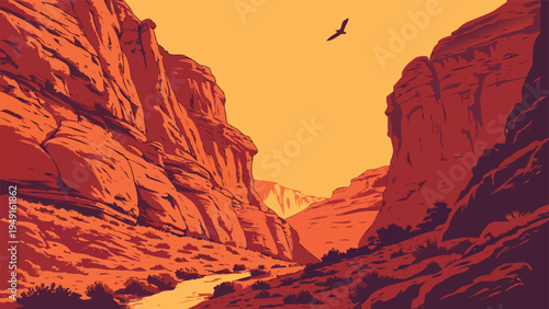 Vibrant Vector Illustration of a Grand Canyon Landscape with a Soaring Eagle, Featuring Warm Orange and Yellow Tones, Ideal for Travel and Nature-Themed Designs