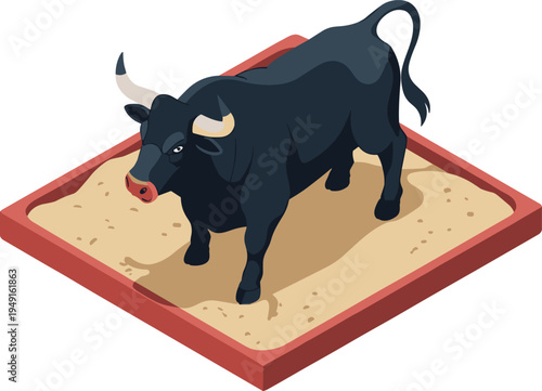 Black bull in arena, isometric bullfighting animal vector illustration showing powerful Spanish fighting bull standing on sandy ring platform