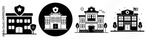 Police station buildings and law enforcement icons set flat design vector illustration