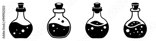 Four magic potion bottles with cork stoppers dark liquid glowing dots vector illustration