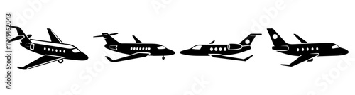 Private jet fleet flying in formation vector illustration, luxury air travel, business aviation, scalable flat design