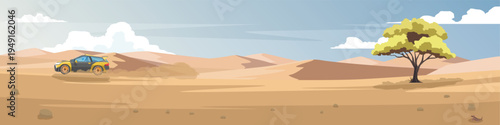 Horizontal or Landscape view of race rally car on the desert field. Vast open area of ​​desert with a backdrop of numerous sand dunes. Under clear sky and white clouds. With little spiky lizard.