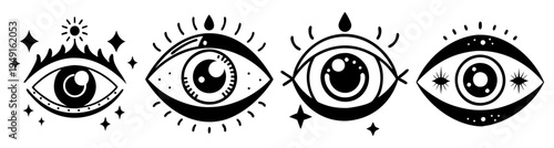Evil eye protection symbols set with glowing iris and stars vector illustration flat design