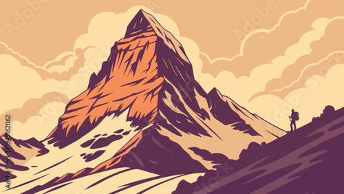 Majestic Mountain Peak Vector Illustration with Lone Hiker Ascending, Featuring Warm Orange and Purple Tones Under a Cloudy Sky, Ideal for Adventure and Travel Designs