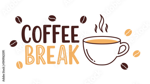 Coffee Break Illustration: A warm invitation to pause and enjoy the simple pleasure, a whimsical illustration of a steaming coffee cup and scattered beans evoking comfort and relaxation.