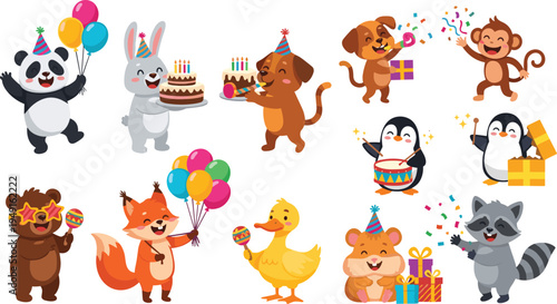 Cute Cartoon Animals Birthday Celebration Vector Illustration Set Featuring Panda Rabbit Dog Monkey Penguin Fox Duck Bear and Raccoon with Balloons and Gifts