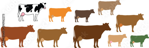 Cow silhouette collection, dairy cattle livestock farm animal flat minimalist vector illustration set of cows isolated icons