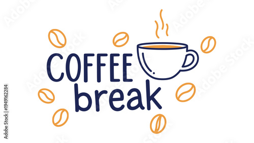 Coffee Break: A stylized illustration of a coffee cup emanating steam, surrounded by coffee beans, suggests a welcoming pause for refreshment.