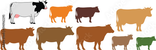 Cow silhouette set, cattle livestock farm animal flat minimalist vector illustration collection of dairy cows isolated icons