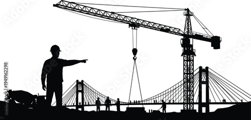 Construction site silhouette with engineer pointing toward crane and bridge project featuring heavy machinery, worker figures, and suspension bridge infrastructure development