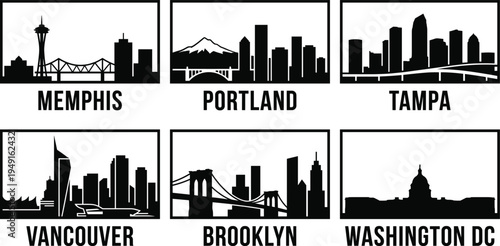 Black and white city skyline silhouette icons set featuring Memphis Portland Tampa Vancouver Brooklyn and Washington DC urban landmark vector illustrations