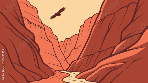 Vector canyon landscape with river and bird
