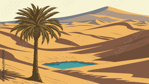 Desert Oasis Landscape Vector Illustration with Palm Tree and Blue Water Pond in Sandy Dunes, Ideal for Travel, Nature, or Adventure Designs