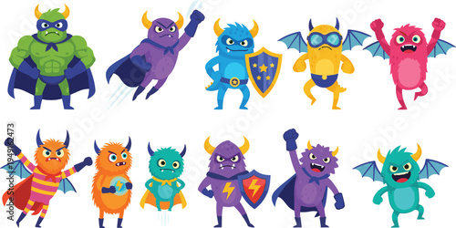 Superhero Monster Characters Cartoon Vector Set Featuring Funny Creature Heroes with Capes Masks Shields and Flying Power Comic Style Illustration