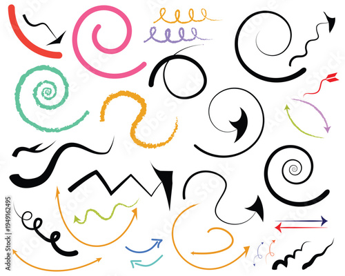 Collection of colorful swirling lines and arrows in various shapes and sizes on a white background for design