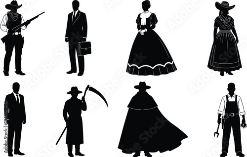 Black silhouettes collection of diverse people including cowboy grim reaper businessman victorian woman worker and mysterious cloaked figure on white background vector illustration
