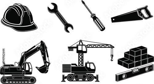 Construction industry icons set with excavator crane safety helmet hand tools saw screwdriver wrench and spirit level isolated on white background