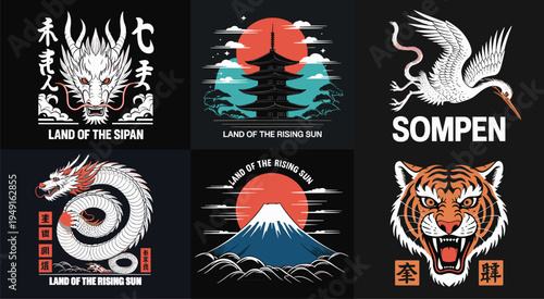Collage of Japanese-inspired featuring dragons, pagodas, Mount Fuji, and a tiger Japanese dragon