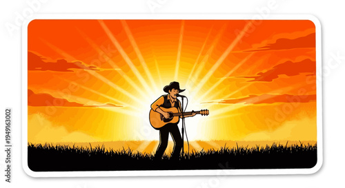 Country music singer performing with acoustic guitar at sunset