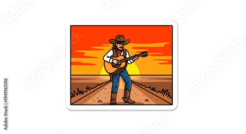 Cartoon cowboy playing guitar on a desert road at sunset.