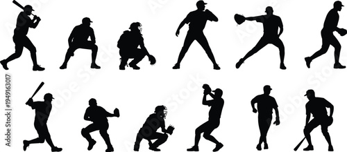 Baseball player silhouette set isolated on white background, batter pitcher catcher and fielder black vector illustration collection