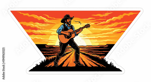 Country music performer playing guitar on a desert road at sunset.