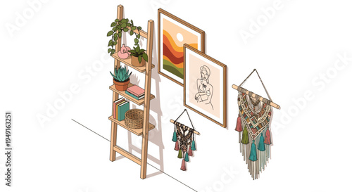Macrame wall hangings and plant display.