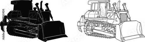 Heavy industrial bulldozer silhouette and outline icon set, construction machinery technical cad drawing, earthmoving equipment flat vector illustration isolated design