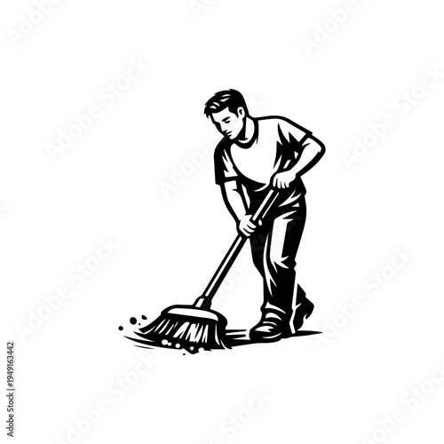 A high-quality vector illustration of a man cleaning the floor using a broom, perfect for cleaning services, hygiene themes, and domestic chores concepts.